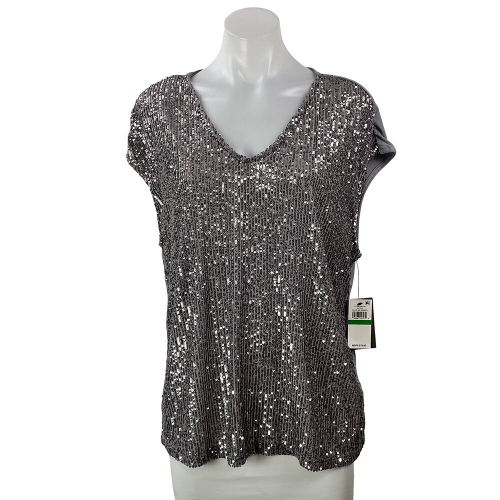 NEW Vince Camuto Womens Gray Short Sleeves Sequin Embellished Blouse Top Size L